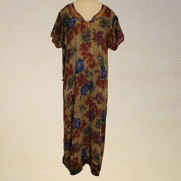 Vintage 80s Floral Cotton Nightgown Flow Dress Yoke Nightwear XL Green Sheer - Picture 1 of 7